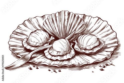 A close-up of a clam shell with fresh clams and a knife. Perfect for seafood enthusiasts