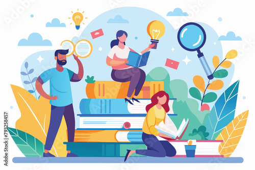 Several individuals seated on a stack of books, engaged in reading and learning, people read and search for knowledge in books and on the internet, Simple and minimalist flat Vector Illustration