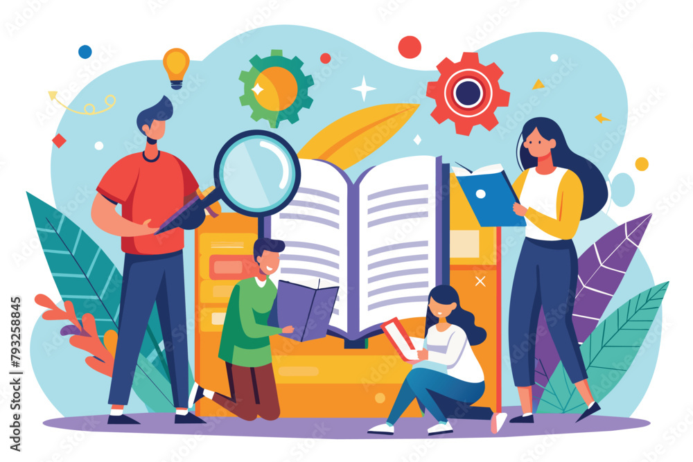 Diverse group of individuals closely examining a book using a magnifying glass, People reading and searching on the user manual guide book, Simple and minimalist flat Vector Illustration Diverse group of individuals closely examining a book using a magnifying glass, People reading and searching on the user manual guide book, Simple and minimalist flat Vector Illustration
