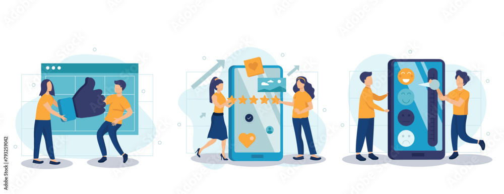 Feedback page web concept with people scenes set in flat style. Bundle of customer satisfaction, high rating stars and likes, positive client experience. Vector illustration with character design