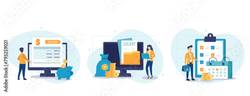 Financial administration set. Business accounting, organization and audit concept. Characters calculating and filling salary pay slip and payroll report. Vector illustration.