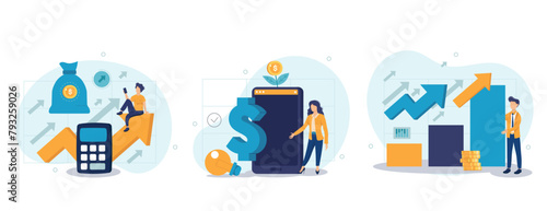 Finance growth illustration set. Characters analyzing investments, celebrating financial success and money growth. Money increasing concept. Vector illustration.	