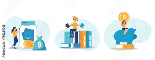 Financial education illustration set. Student characters investing money in education and knowledge. Personal finance management and financial literacy concept. Vector illustration.