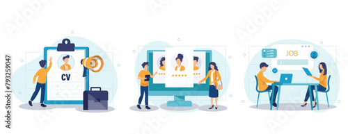 Employee evaluation, assessment form and report, performance review concept collection of scenes. Employer meeting job applicant at pre-employment assessment. Flat vector modern illustration