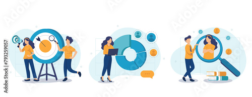 Focus group web concept with people scenes set in flat style. Bundle of market research of audience, aim at group, analyzing data and customer behavior. Vector illustration with character design