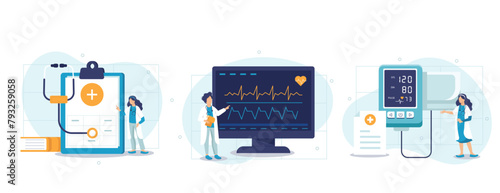 Heart disease screening and diagnostic illustration set. Doctor checks blood pressure and examine cardiogram and pulse on EKG monitor. Healthcare and medicine concept. Vector illustration.