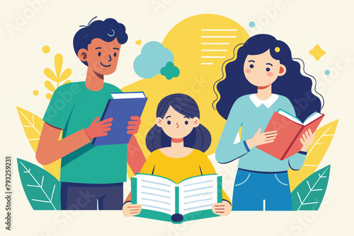 Family Reading Book Together, People reading guidebook, writing guidance, instruction manual, Simple and minimalist flat Vector Illustration