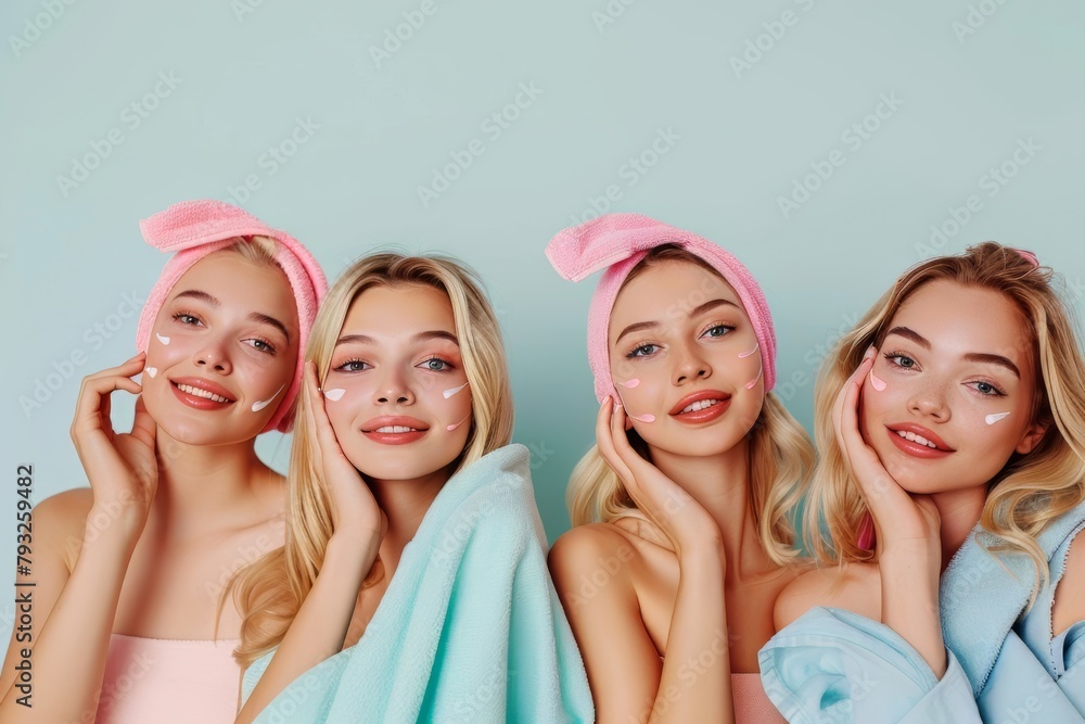 Triple Image of a Young Woman in a Stylish Pink Headband, Posing with a Sheer Blanket and Light Pink Earmuffs