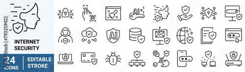 Internet security web icons in line style. Security, privacy, information, data, protect, cyber lock, unlock, shield, key. Vector illustration.