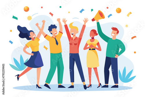 A group of people celebrating enthusiastically with a trophy in hand, People rejoice and announcements, Simple and minimalist flat Vector Illustration