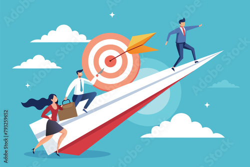Group of People Riding Paper Airplane to Target, People ride paper airplane to the target, the road to achieving the target, Simple and minimalist flat Vector Illustration