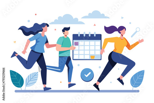 Group of People Running Around a Calendar, People running with time and calendar trending, Simple and minimalist flat Vector Illustration