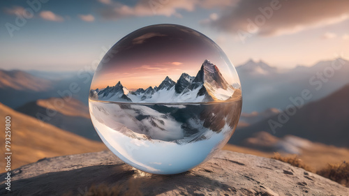 Crystal glass globe in the in nature concept for environment and conservation. . Earth crystal glass globe ball. AI generated image  ai