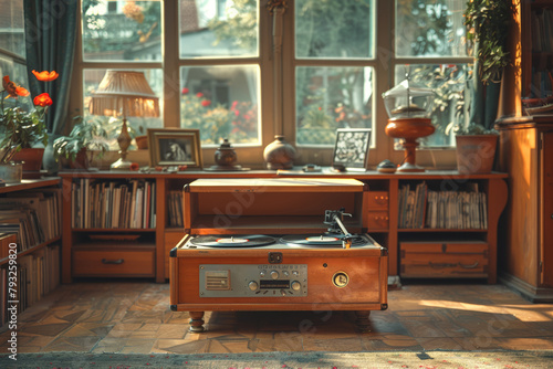 A vintage record player spinning vinyl records in a cozy living room, transporting listeners back to the heyday of analog sound. Concept of nostalgic music appreciation. Generative Ai. photo
