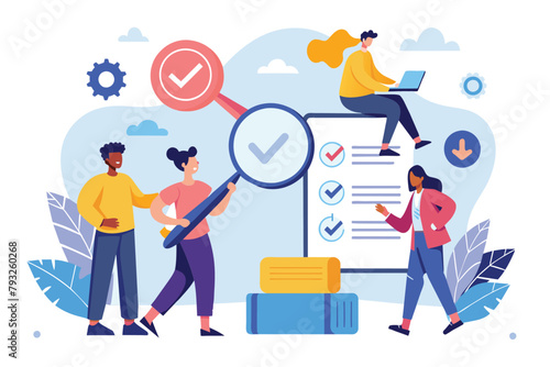 Group of individuals closely scrutinizing a detailed checklist using a magnifying glass, people search and contract approval trending, Simple and minimalist flat Vector Illustration