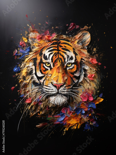 Tiger on black background impasto oil painting in impressionism style, wide brush stroke. Acryl illustration for poster, banner, print. 