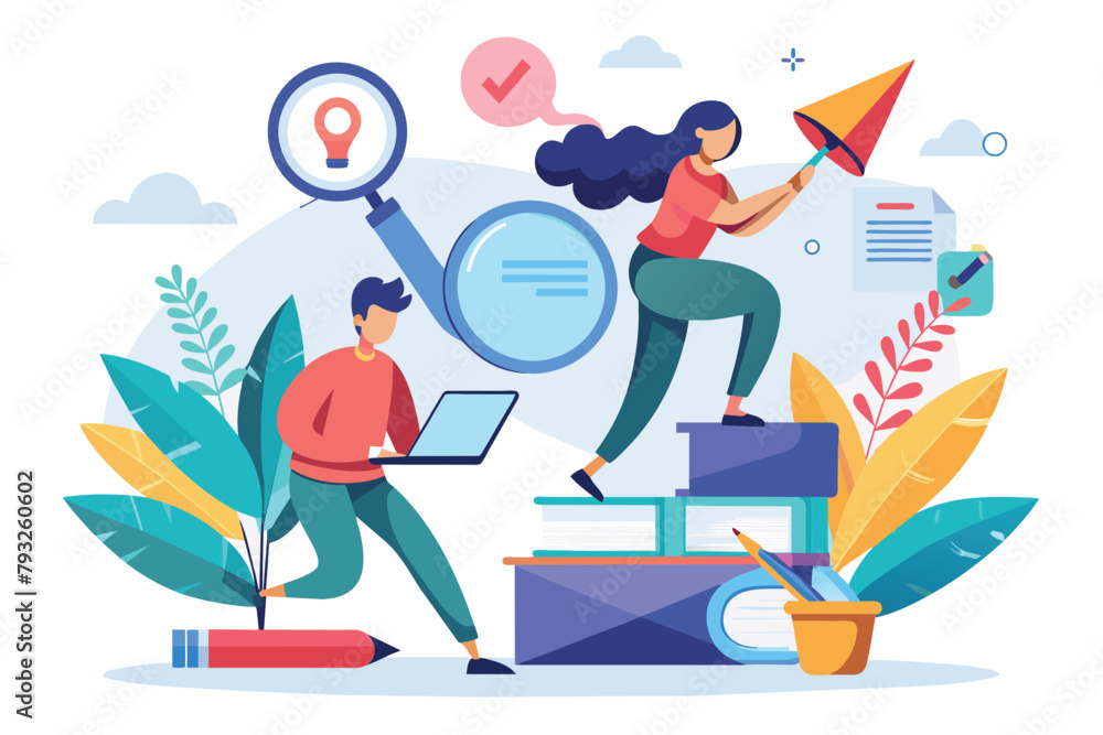 A man and a woman closely inspecting an object through a magnifying glass, people searching and writing, Simple and minimalist flat Vector Illustration A man and a woman closely inspecting an object through a magnifying glass, people searching and writing, Simple and minimalist flat Vector Illustration