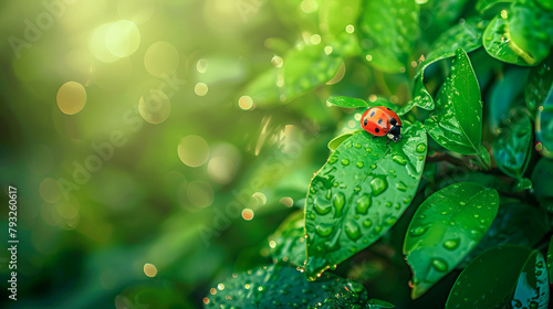 Ladybug on green leaves with morning dew, copy space. © Olga Gubskaya