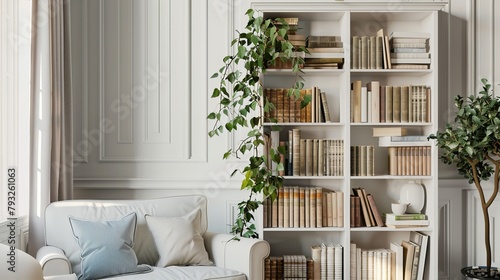 Step into the cozy ambiance of a UK home with this inviting scene featuring a white wooden bookcase filled with books. Nestled against a wall in a well-loved living room,  © Mahmud