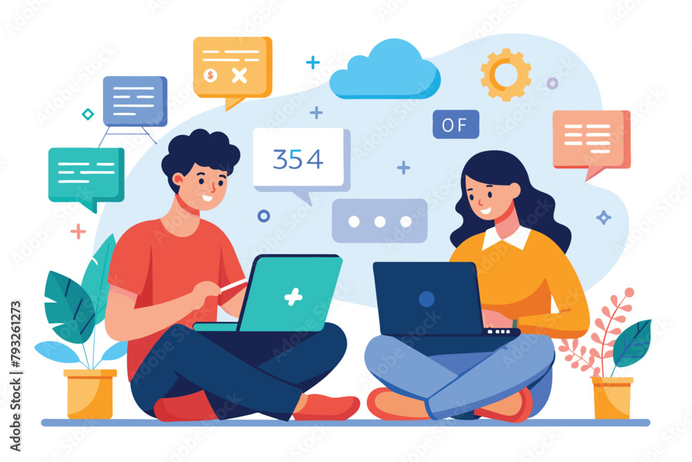 Two individuals sitting on the floor, engaged in a math lesson discussion using their laptops, people sitting with laptops discussing math lessons, Simple and minimalist flat Vector Illustration Two individuals sitting on the floor, engaged in a math lesson discussion using their laptops, people sitting with laptops discussing math lessons, Simple and minimalist flat Vector Illustration