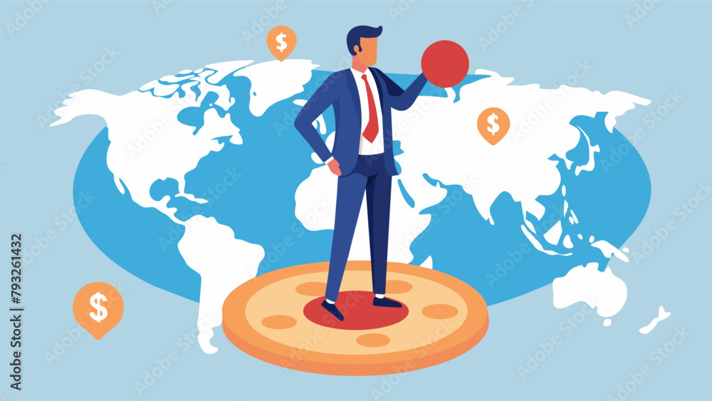 A businessman standing on a currency symbol representing the intersection of global economies and how market fluctuations have a ripple effect A businessman standing on a currency symbol representing the intersection of global economies and how market fluctuations have a ripple effect