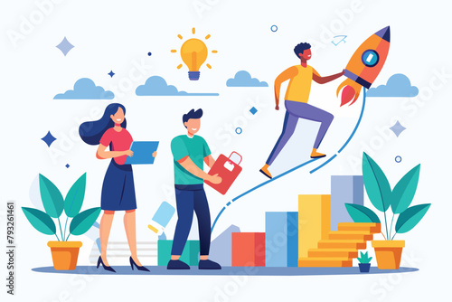 A man and a woman are flying through the sky on a rocket, People start a business project trending, Simple and minimalist flat Vector Illustration