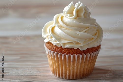 Delicious cupcake with white frosting on a rustic wooden table, perfect for bakery or dessert concepts