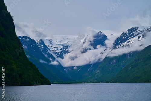 Oldevatnet glacial lake in front of Briksdalsbren glacier.