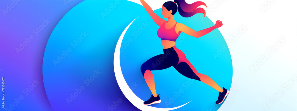 modern and vibrant banner design with an abstract blue gradient with a woman in dynamic shapes showing energy and movement
