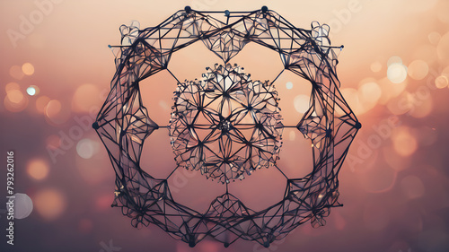 Abstract polygonal flower wireframe with mesh net dots lines and connections .  AI generated image, ai.