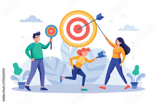 A group of individuals aiming darts at a target in a competitive game, Peoples with the dart ready to the goal target according to the directions, Simple and minimalist flat Vector Illustration