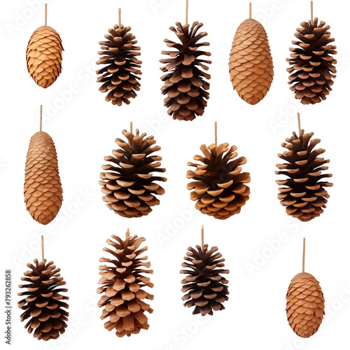 A collection of open long pine cone for Christmas tree decoration isolated against a white background
