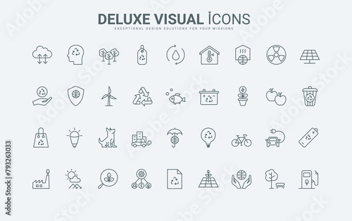 Green energy, recycle and alternative bio technology for industry, clean and care global ecology thin black and red outline symbols, vector illustration. Environment protection line icons set.