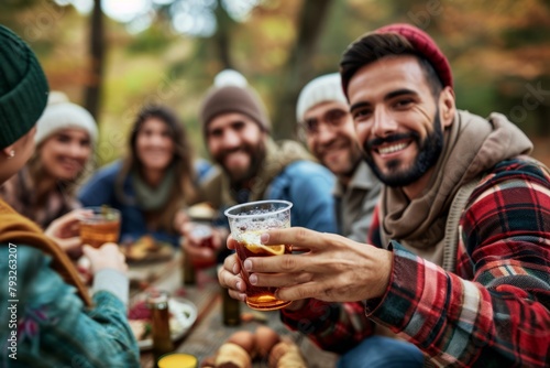Group of friends having a picnic in the forest, drinking beer and talking