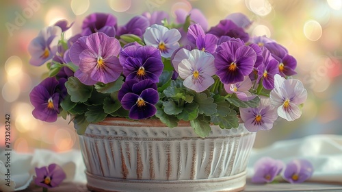 Wallpaper Mural   A tight shot of a potted plant featuring purple and white pansies against a softly blurred backdrop Torontodigital.ca