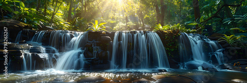 Beautiful waterfall in tropical jungle, Cascade waterfall in green tree tropical forest