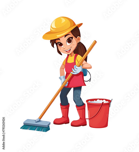 Vector of a smiling cleaning service professional with a broom and bucket, geared up for tidying. Generative AI