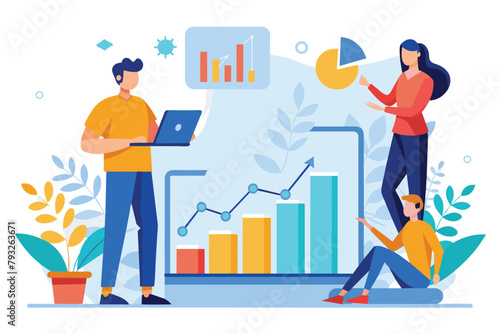 Diverse group of individuals standing around a laptop, analyzing data and discussing growth charts, people who analyse growth charts, Simple and minimalist flat Vector Illustration