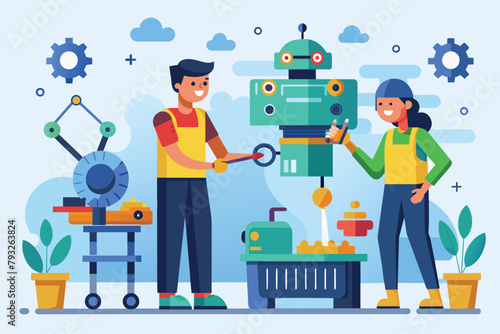 A man and a woman are actively working on repairing a machine in a workshop, people who repair machines, Simple and minimalist flat Vector Illustration