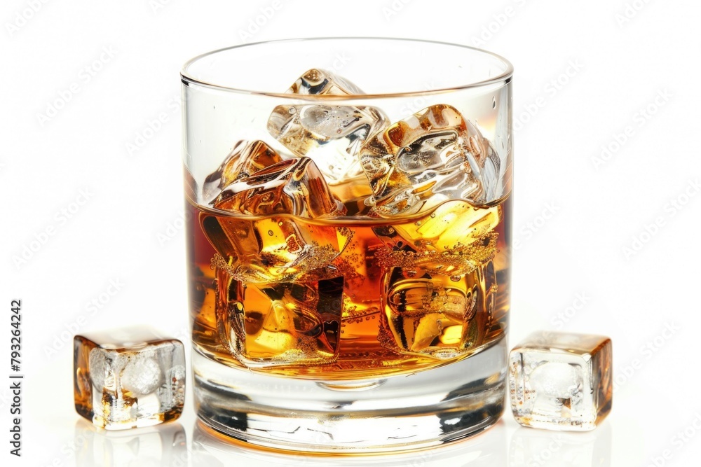 A glass of whiskey with ice cubes on the side. Suitable for bar and beverage concepts A glass of whiskey with ice cubes on the side. Suitable for bar and beverage concepts