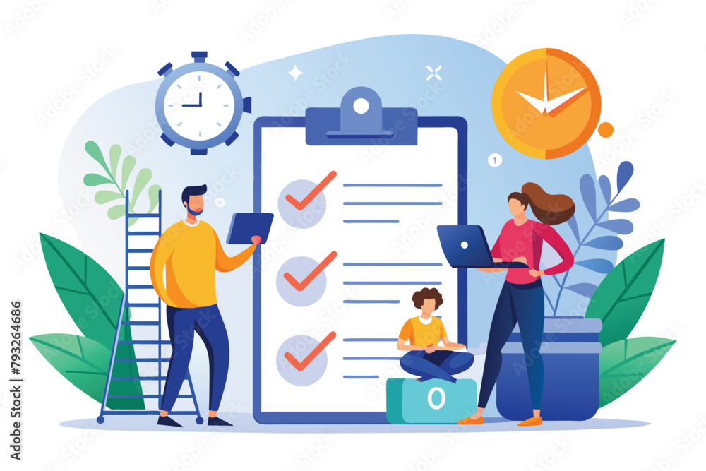 Man and Woman Standing Next to Clipboard With Checklist, people working on the document and deadlines, Simple and minimalist flat Vector Illustration Man and Woman Standing Next to Clipboard With Checklist, people working on the document and deadlines, Simple and minimalist flat Vector Illustration