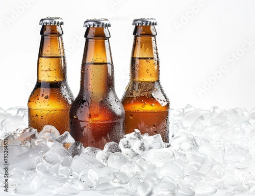 Bottles of beer in ice isolated on white background, studio shot Generative AI