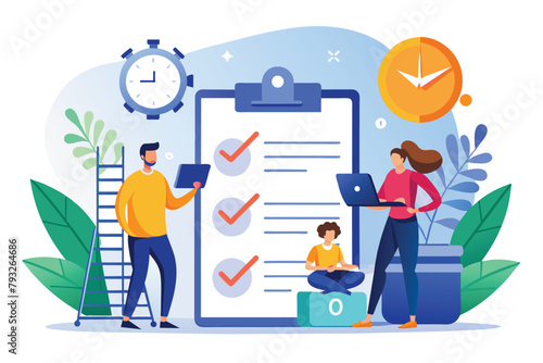Man and Woman Standing Next to Clipboard With Checklist, people working on the document and deadlines, Simple and minimalist flat Vector Illustration