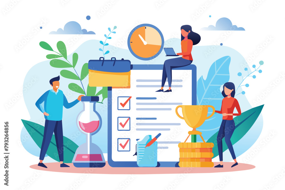 People Sitting on Top of a Clipboard With a Checklist and a Clock, people working on the document and deadlines, Simple and minimalist flat Vector Illustration