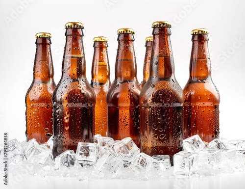A group of brown beer bottles with ice cubes isolated on a white background Generative AI