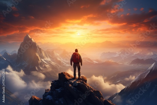 A man standing on top of a mountain as the sun sets. Goals and achievements concept photo composite. Concept vision  Hiker looking mountain and enjoying sunrise. High quality photo
