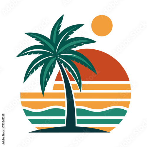 beautiful elegant summer graphic with palm tree sea and sunset