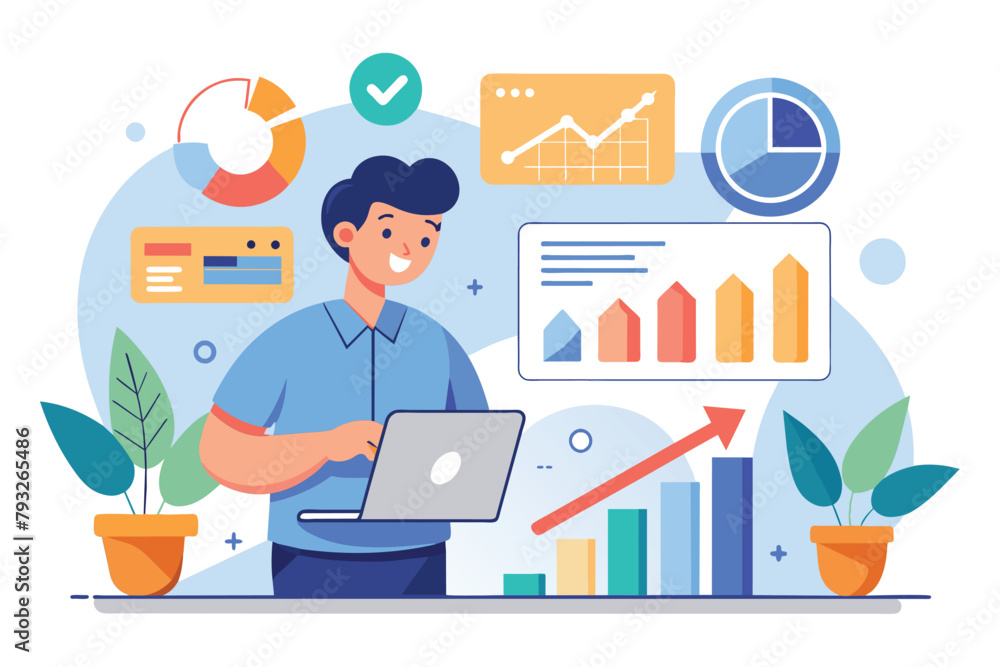 A man standing in front of a laptop computer, engaged in work or research, performance management graphical analysis of growth data, Simple and minimalist flat Vector Illustration A man standing in front of a laptop computer, engaged in work or research, performance management graphical analysis of growth data, Simple and minimalist flat Vector Illustration