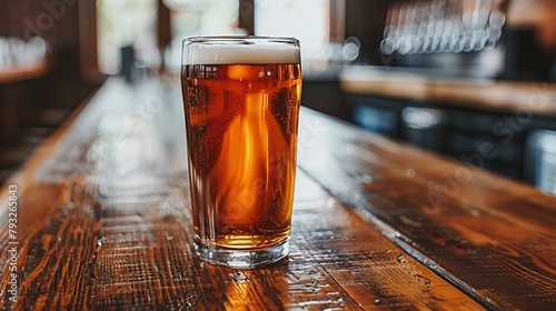 A beer glass filled with amber liquid rests on a wooden bar