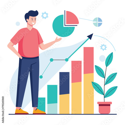 A man standing in front of a bar chart, analyzing the data with a focused expression, Person analyzing growth graph, Simple and minimalist flat Vector Illustration